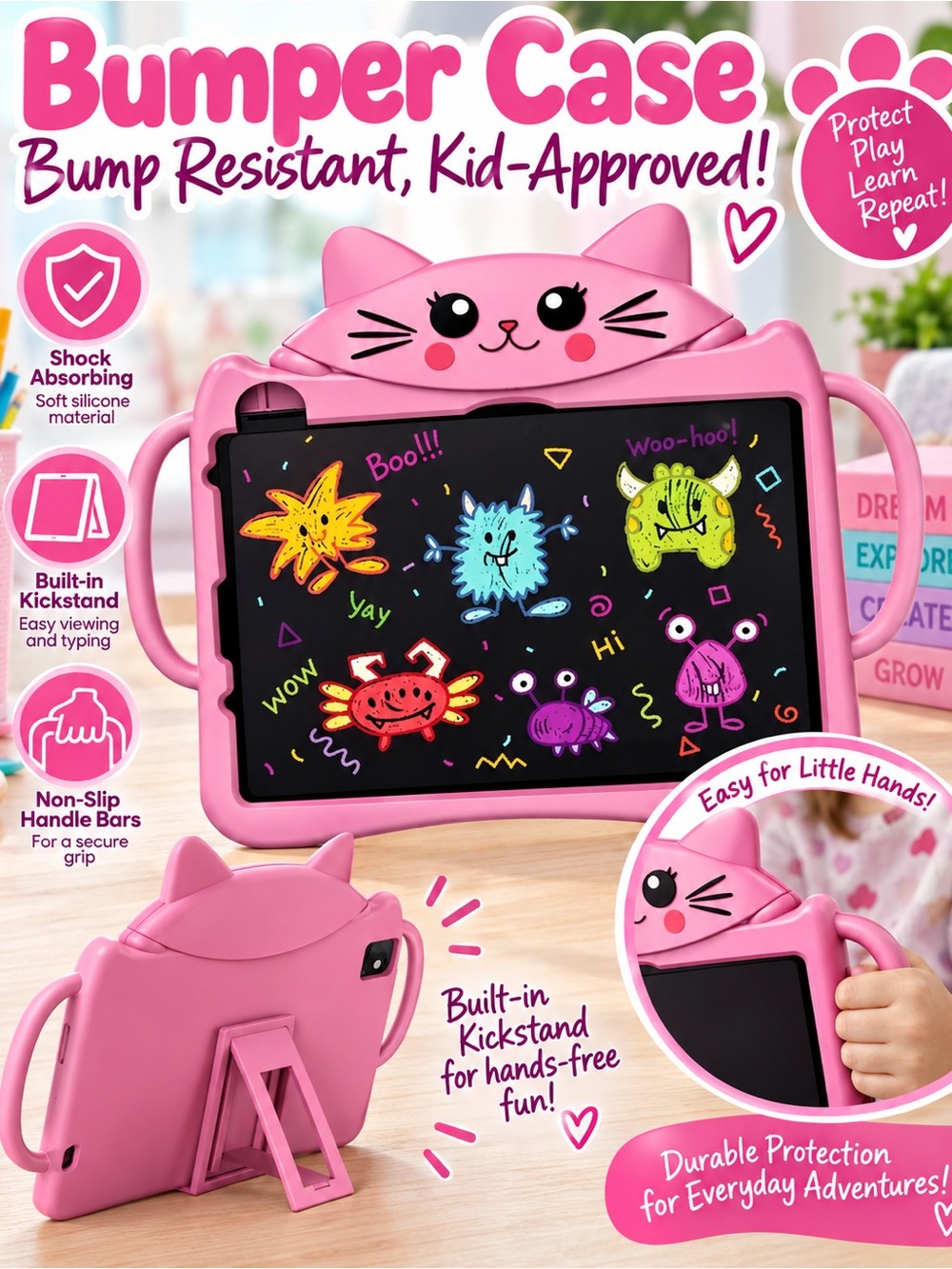 Pink Kids Tablet Bumper Case with Handles & Kickstand